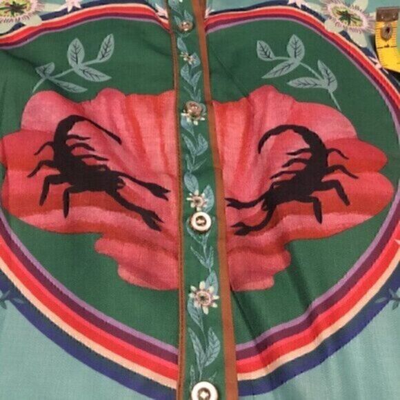 Green Colorful Art Long Balloon Sleeve Collar Button Down Midi Shirt Dress XL - Picture 13 of 16